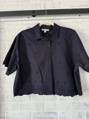 Free Assembly Navy Eyelet Cotton Button-Front Blouse